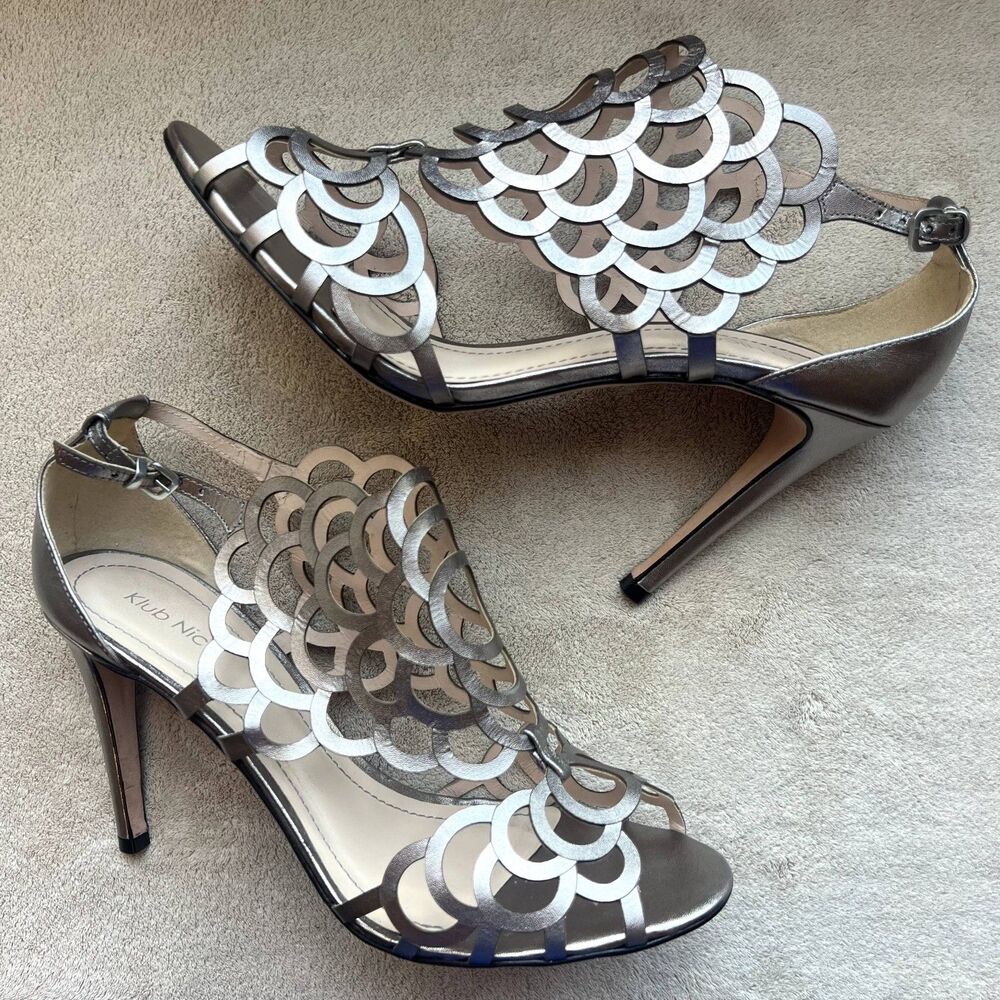 Klub Nico Millie Gun Metal Cutout Leather High Heel Sandals Women 11 Sexy Party